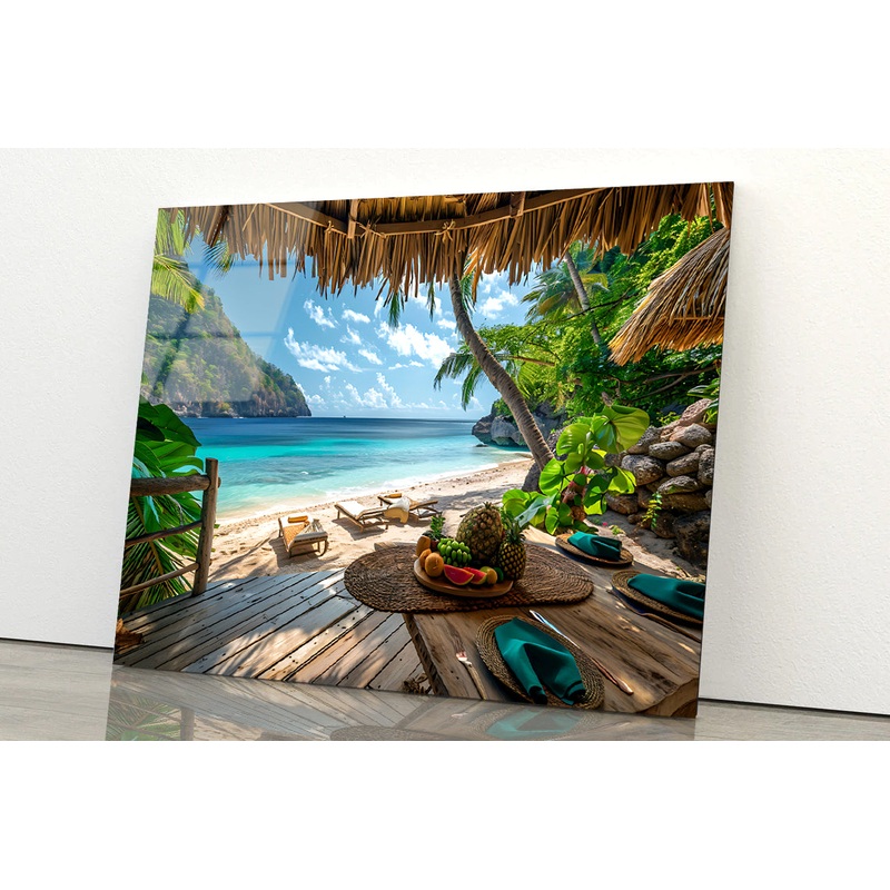 Table with Fruit and a Straw Umbrella on a Beach Acrylic Glass Print Tempered Glass Wall Art 100% Made in Australia Ready to Hang