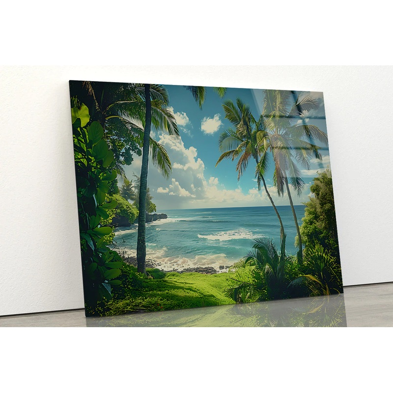 Tropical Beach with Palm Trees under Sky Acrylic Glass Print Tempered Glass Wall Art 100% Made in Australia Ready to Hang