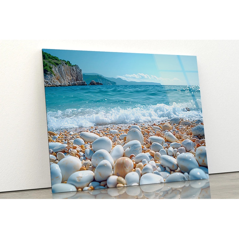 View of Rocks, Beach with Sky Acrylic Glass Print Tempered Glass Wall Art 100% Made in Australia Ready to Hang