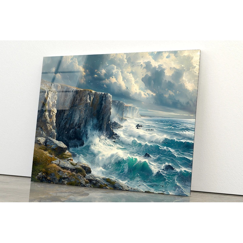 View of Waves Crashing On Rocks Acrylic Glass Print Tempered Glass Wall Art 100% Made in Australia Ready to Hang
