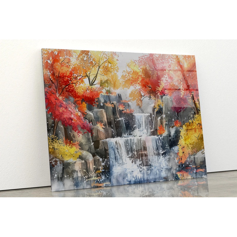 Waterfall Painting with Trees Acrylic Glass Print Tempered Glass Wall Art 100% Made in Australia Ready to Hang