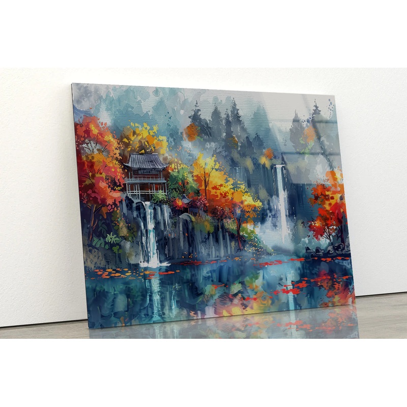 Waterfall, Trees & Building Acrylic Glass Print Tempered Glass Wall Art 100% Made in Australia Ready to Hang