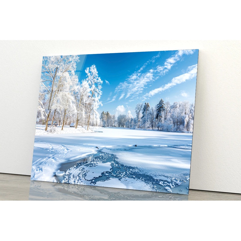 Winter, Frozen Lake and Snow-Covered Trees, Sky Acrylic Glass Print Tempered Glass Wall Art 100% Made in Australia Ready to Hang
