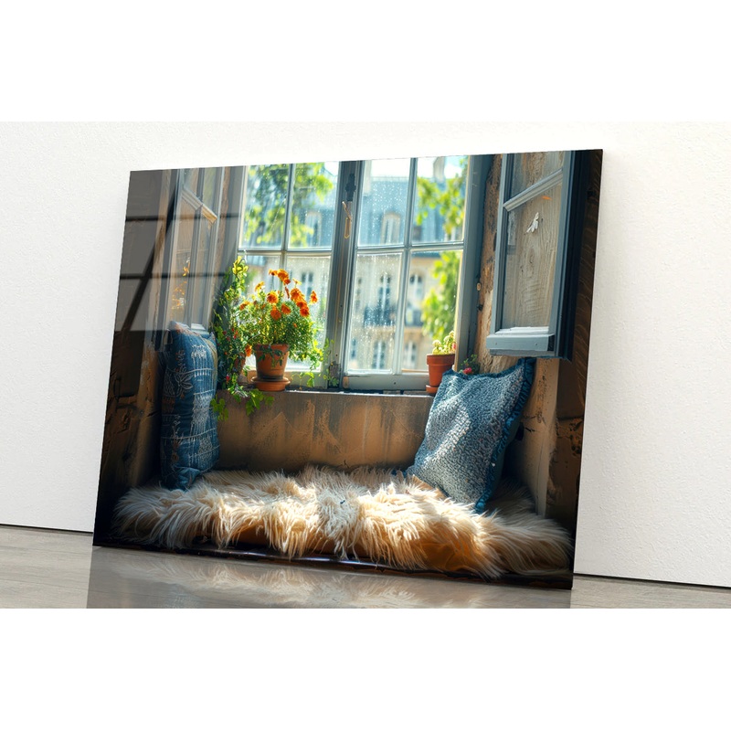 A Fluffy Pillow Resting On a Window Seat Acrylic Glass Print Tempered Glass Wall Art 100% Made in Australia Ready to Hang