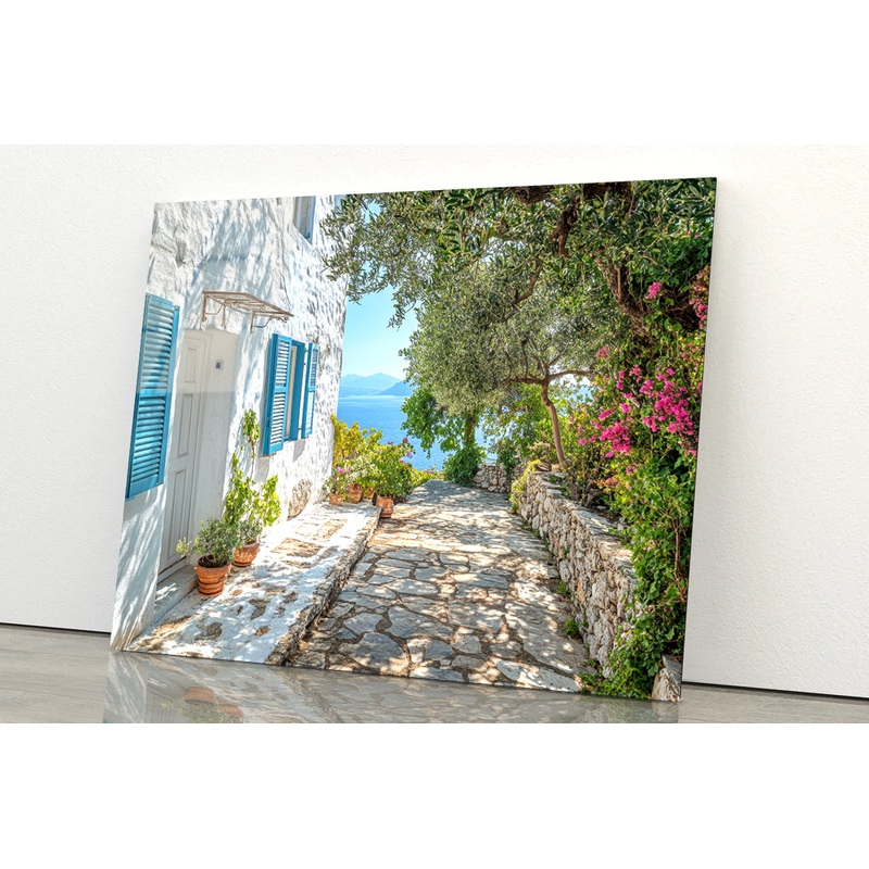 A White House with Blue Shutters and a Blue Door Acrylic Glass Print Tempered Glass Wall Art 100% Made in Australia Ready to Hang