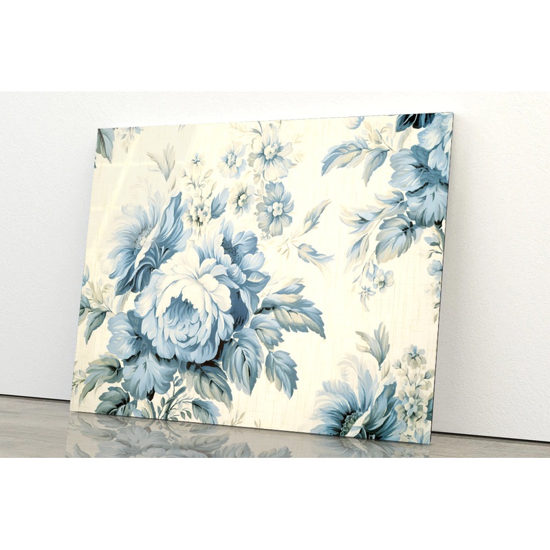 Blue Floral Vintage Wallpaper Acrylic Glass Print Tempered Glass Wall Art 100% Made in Australia Ready to Hang
