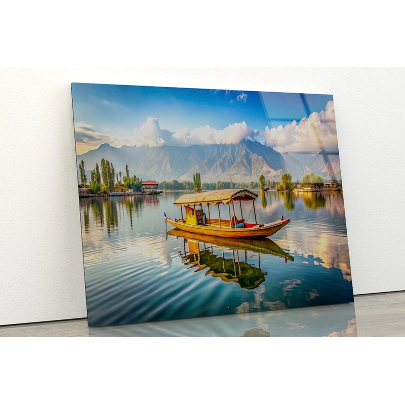 Boat on the Water, Lake, Mountains in India Acrylic Glass Print Tempered Glass Wall Art 100% Made in Australia Ready to Hang