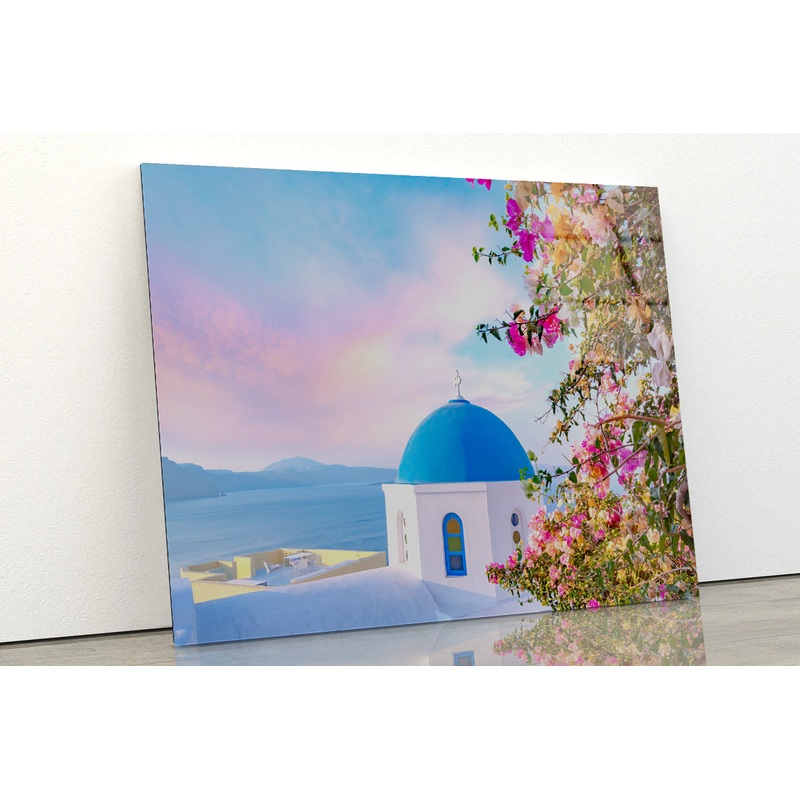 Bougainvillea Tree in Santorini Acrylic Glass Print Tempered Glass Wall Art 100% Made in Australia Ready to Hang
