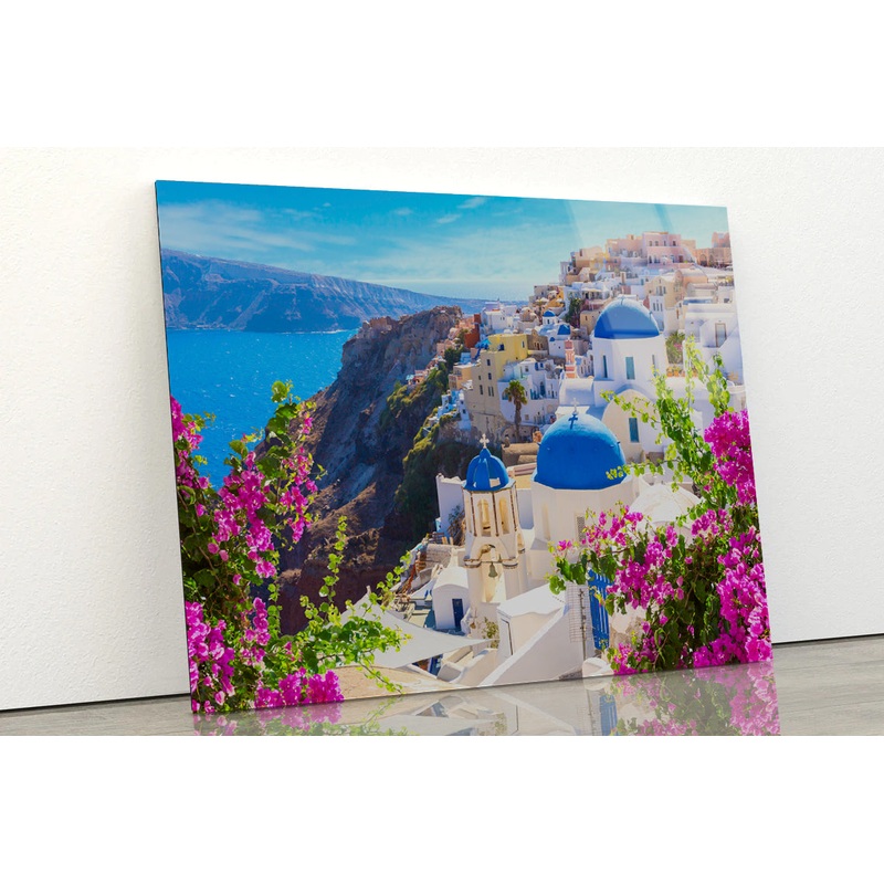 Buildings of Oia Town and Flowers Acrylic Glass Print Tempered Glass Wall Art 100% Made in Australia Ready to Hang