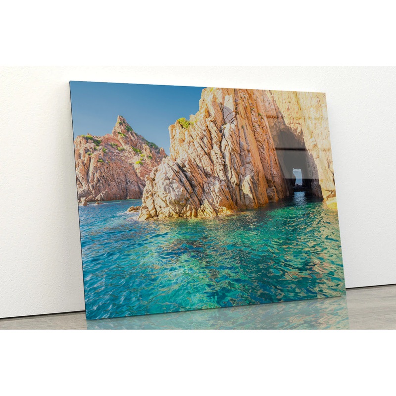 Clear Blue Ocean with Rocky Cave Acrylic Glass Print Tempered Glass Wall Art 100% Made in Australia Ready to Hang