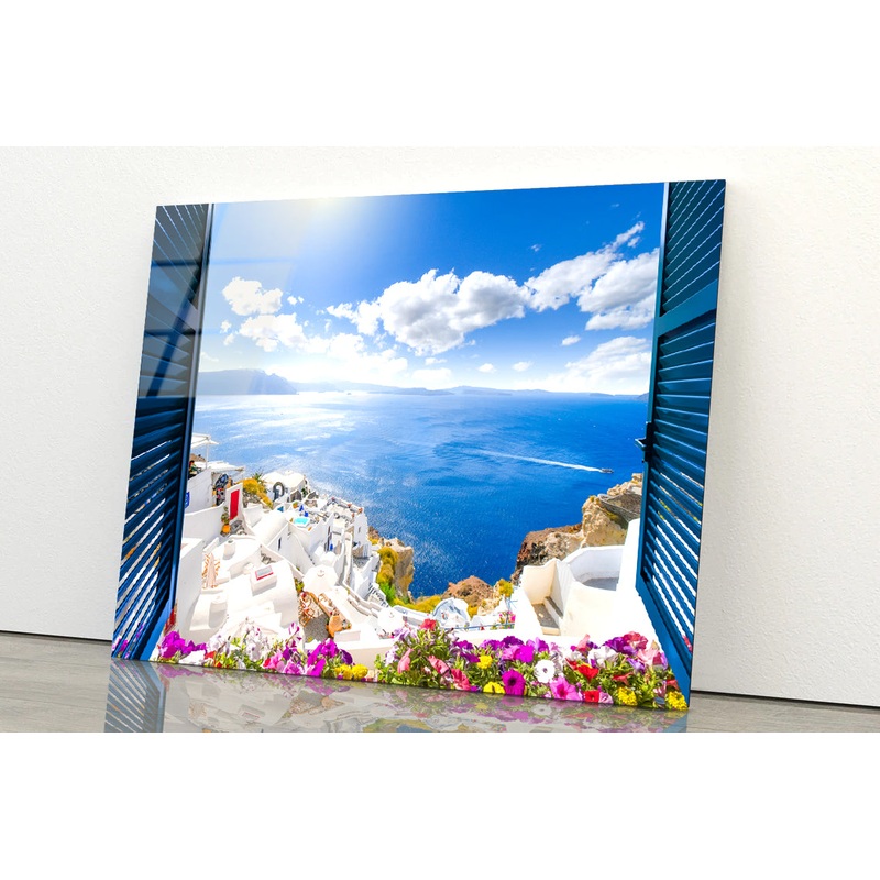 Coast of Santorini with Blue Sea Acrylic Glass Print Tempered Glass Wall Art 100% Made in Australia Ready to Hang