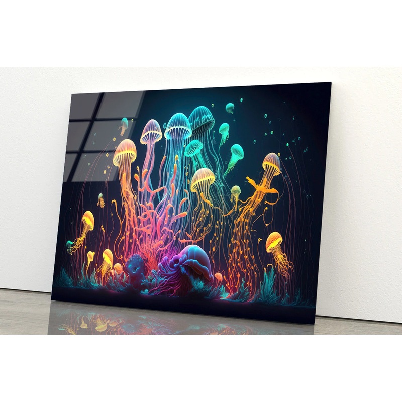 Colorful Jellyfish and Fish Float In an Ocean Acrylic Glass Print Tempered Glass Wall Art 100% Made in Australia Ready to Hang