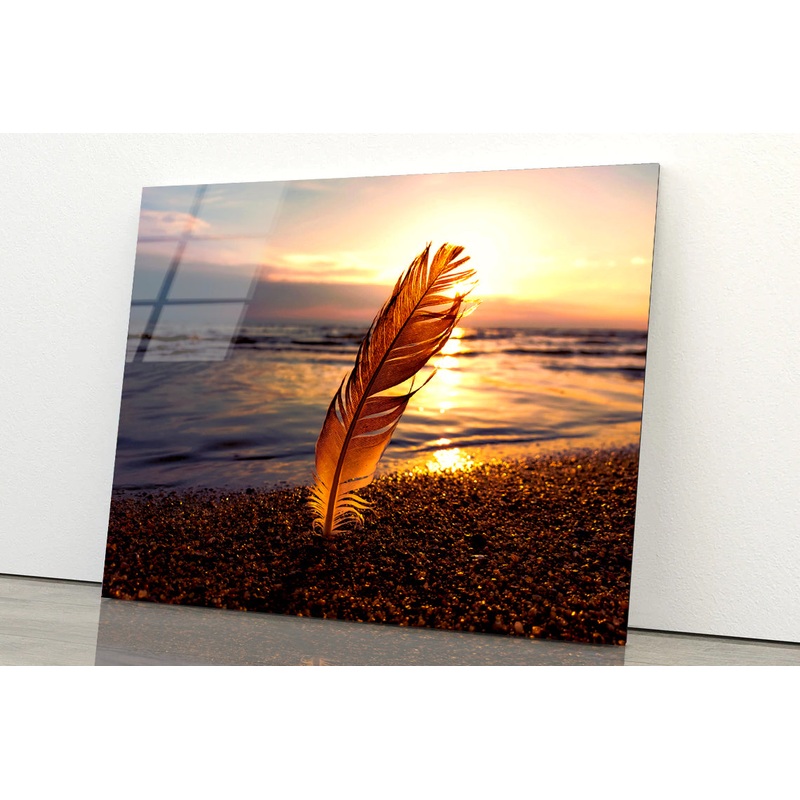Feather With Sunset in Seashore Acrylic Glass Print Tempered Glass Wall Art 100% Made in Australia Ready to Hang