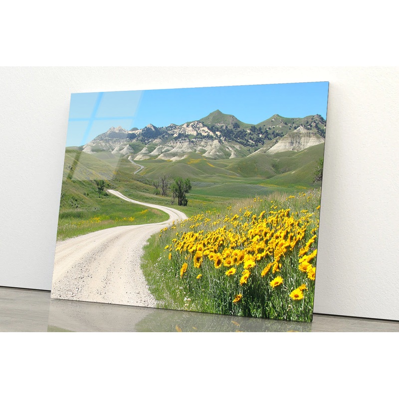 Field Of Yellow Flowers, Mountains & Road Acrylic Glass Print Tempered Glass Wall Art 100% Made in Australia Ready to Hang