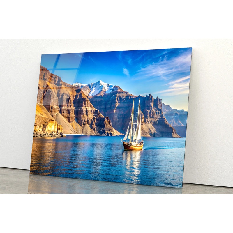 Sailboat Sailing In the Sea, Mountains in Greece Acrylic Glass Print Tempered Glass Wall Art 100% Made in Australia Ready to Hang