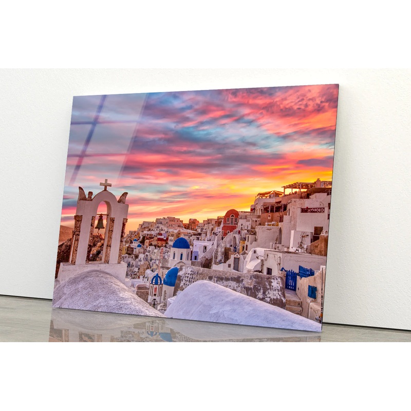 Santorini In Greece with Sunset Acrylic Glass Print Tempered Glass Wall Art 100% Made in Australia Ready to Hang