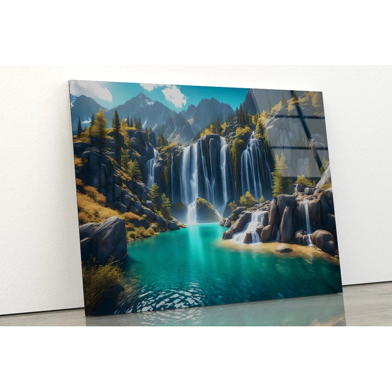Waterfall, Mountains & Clear Blue Sky Acrylic Glass Print Tempered Glass Wall Art 100% Made in Australia Ready to Hang
