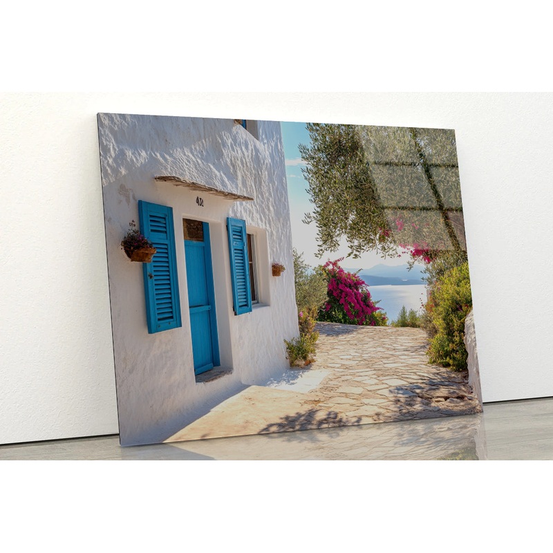 White Building with Blue Shutters Acrylic Glass Print Tempered Glass Wall Art 100% Made in Australia Ready to Hang