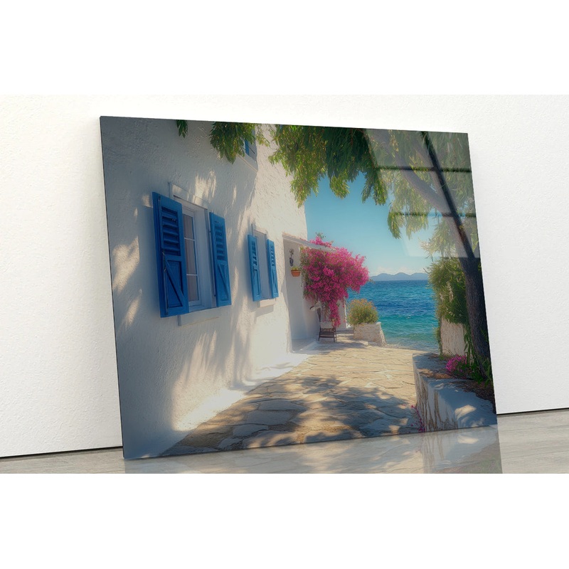 White Building with Blue Shutters, Trees Acrylic Glass Print Tempered Glass Wall Art 100% Made in Australia Ready to Hang