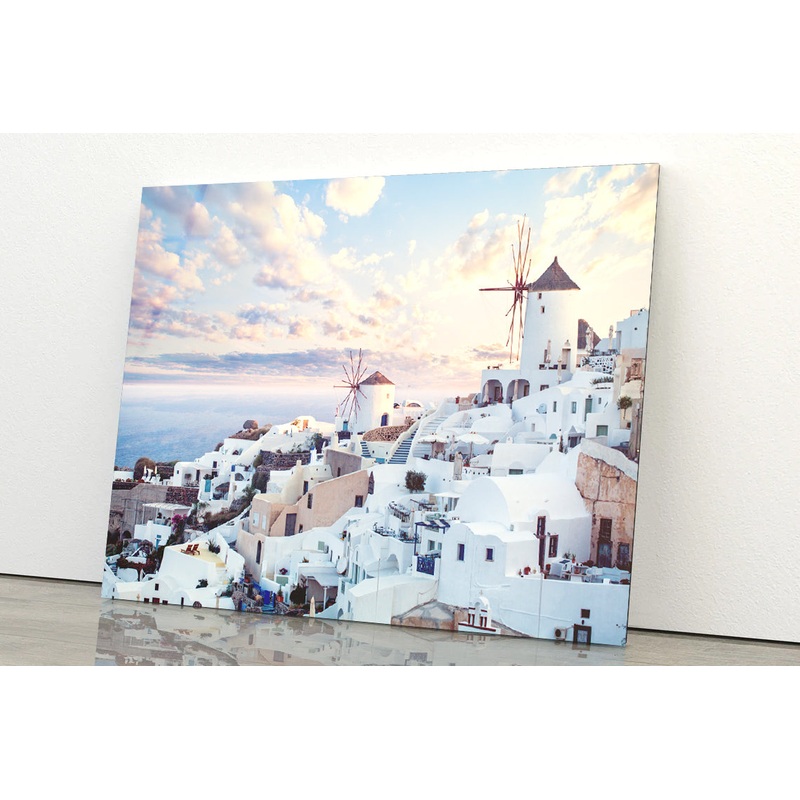Wind Mills in Oia Town and Clouds Acrylic Glass Print Tempered Glass Wall Art 100% Made in Australia Ready to Hang