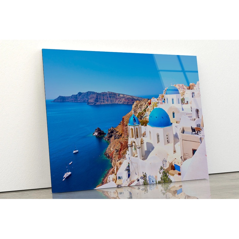 Yacht In the Coast of Santorini Acrylic Glass Print Tempered Glass Wall Art 100% Made in Australia Ready to Hang