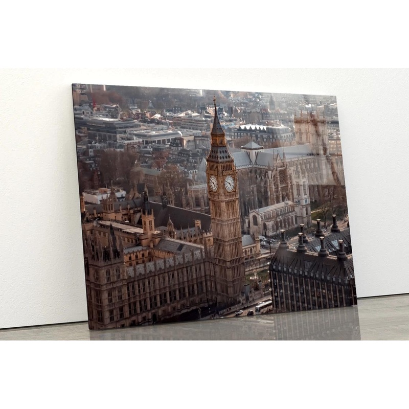 Aerial View Of Big Ben and London Cityscape, View from Above, Dramatic Sky Acrylic Glass Print Tempered Glass Wall Art 100% Made in Australia Ready to Hang