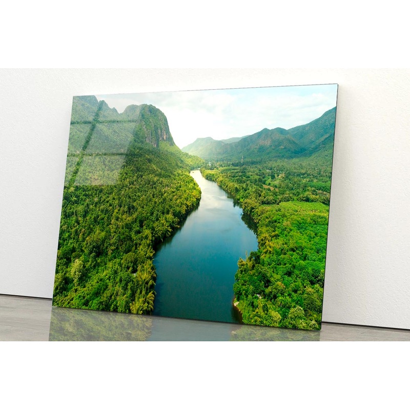 Aerial View Of River in Tropical Green Forest with Mountains in Background Acrylic Glass Print Tempered Glass Wall Art 100% Made in Australia Ready to Hang
