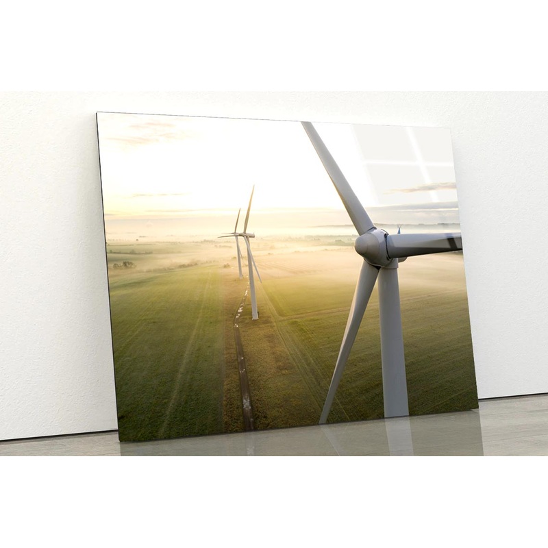 Aerial View Of Three Wind Turbines in The Early Morning Fog at Sunrise Acrylic Glass Print Tempered Glass Wall Art 100% Made in Australia Ready to Hang