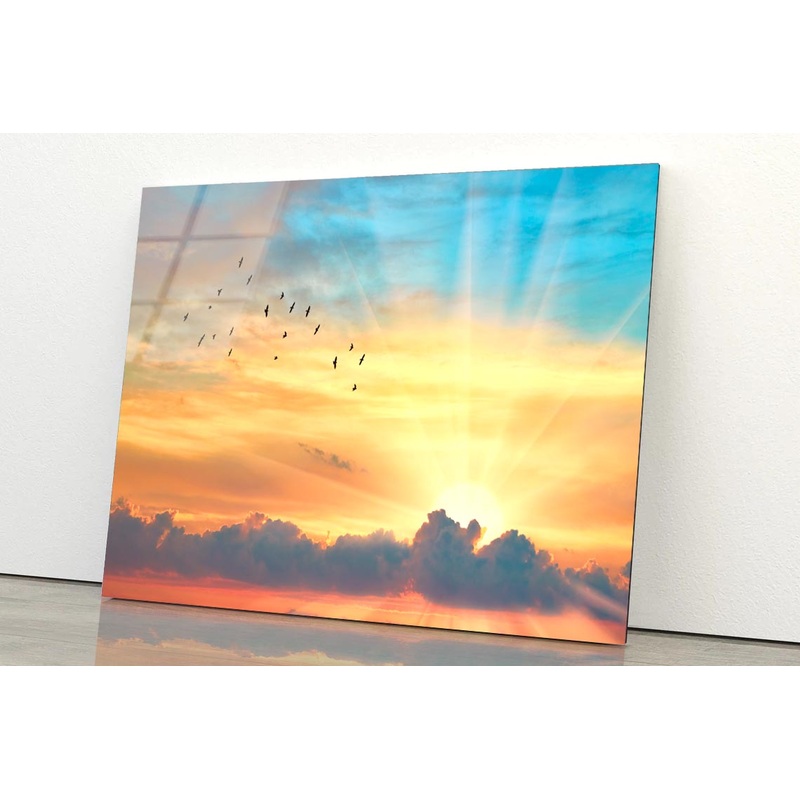 Cloud The Evening Sky at Sunset and The Bright Sun with Rays Acrylic Glass Print Tempered Glass Wall Art 100% Made in Australia Ready to Hang