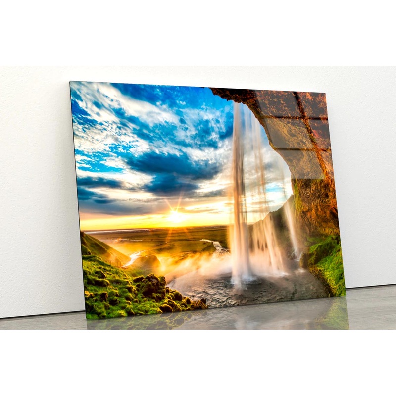 Seljalandfoss Waterfall At Sunset in Hdr, Iceland Acrylic Glass Print Tempered Glass Wall Art 100% Made in Australia Ready to Hang