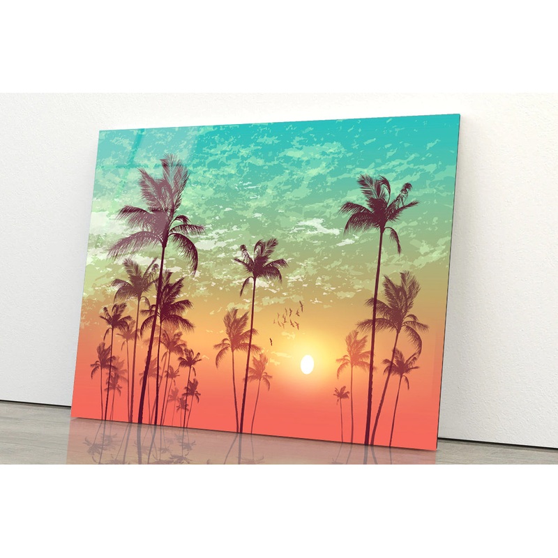 Sky and Palm Trees with Sunset Acrylic Glass Print Tempered Glass Wall Art 100% Made in Australia Ready to Hang
