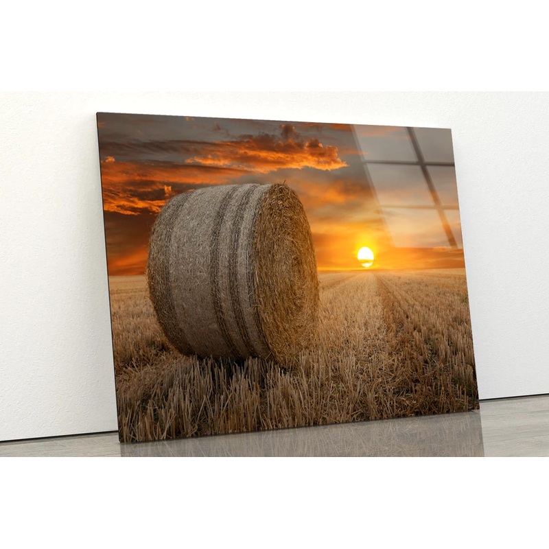 Straw Bales in A Field at Sunset Acrylic Glass Print Tempered Glass Wall Art 100% Made in Australia Ready to Hang