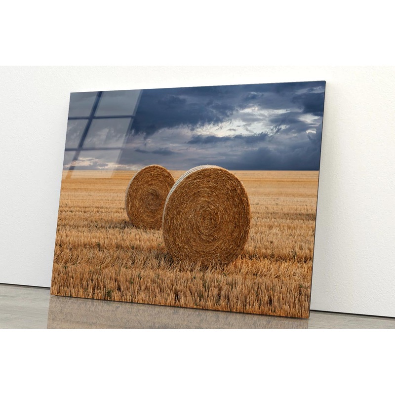 Straw Bales in A Field at Sunset View Acrylic Glass Print Tempered Glass Wall Art 100% Made in Australia Ready to Hang