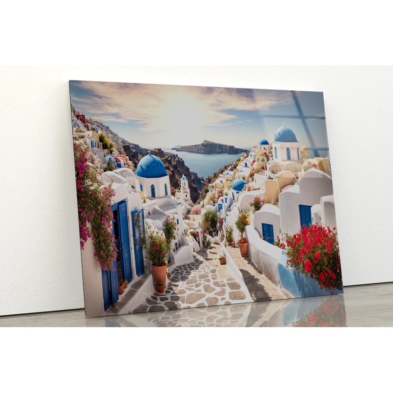 Streets of Santorini with Flowers Acrylic Glass Print Tempered Glass Wall Art 100% Made in Australia Ready to Hang