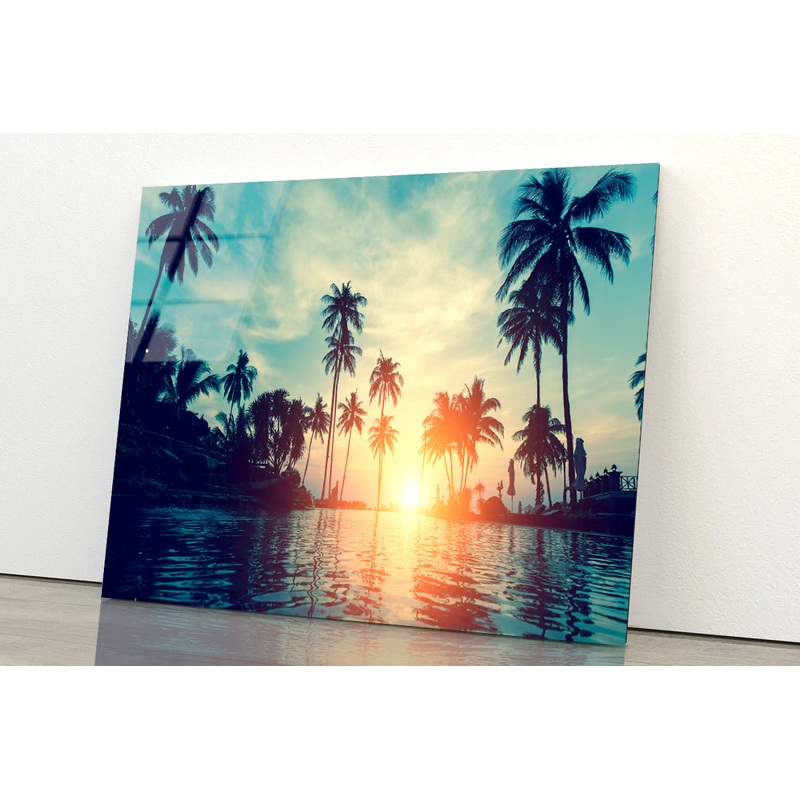 Sunset With Palm Trees in Beach Acrylic Glass Print Tempered Glass Wall Art 100% Made in Australia Ready to Hang