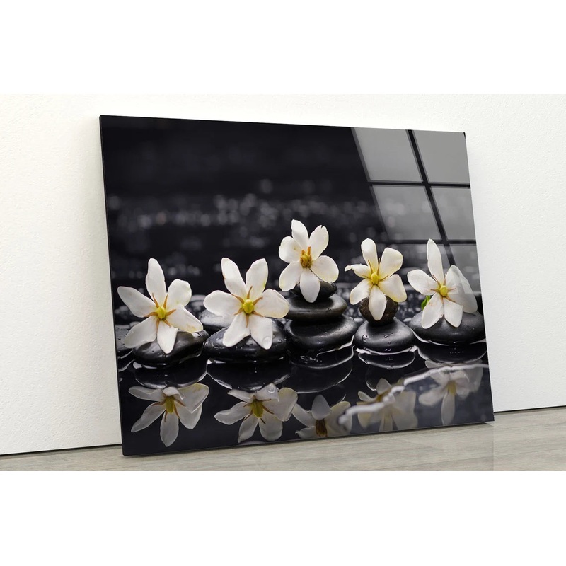White Flowers & Zen Stones Photograph Acrylic Glass Print Tempered Glass Wall Art 100% Made in Australia Ready to Hang