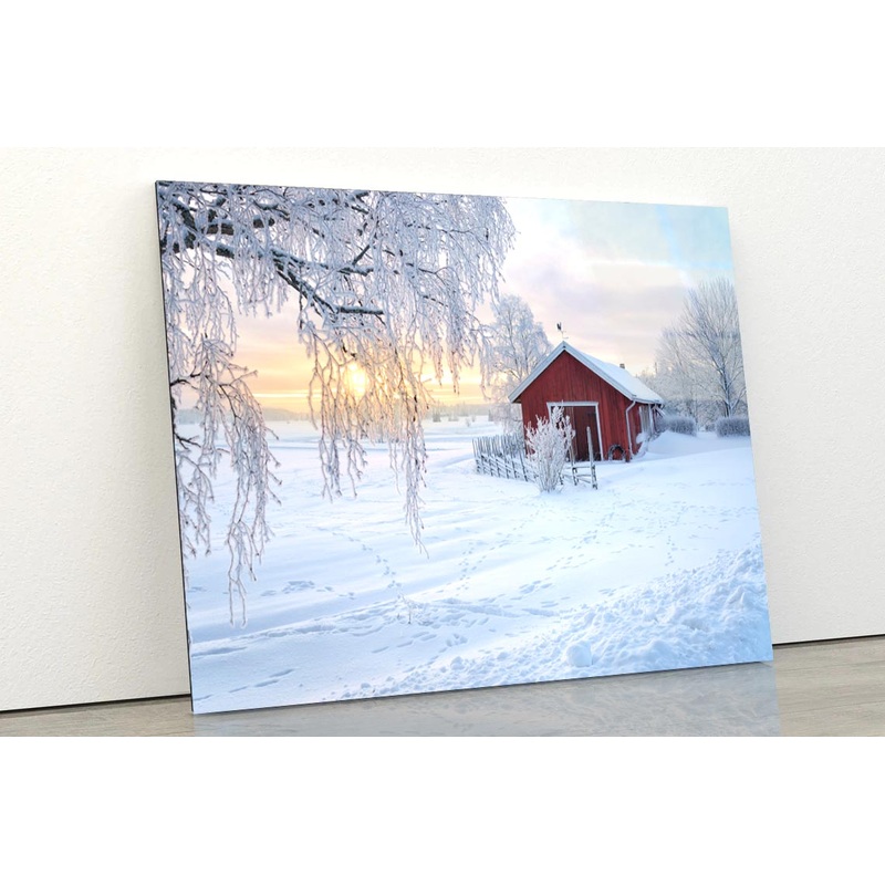 Winter View Of a Red Barn at Sunset in Rusko, Finland Acrylic Glass Print Tempered Glass Wall Art 100% Made in Australia Ready to Hang