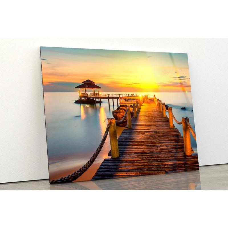 Wooden Pier Between Sunset in Phuket, Thailand Acrylic Glass Print Tempered Glass Wall Art 100% Made in Australia Ready to Hang
