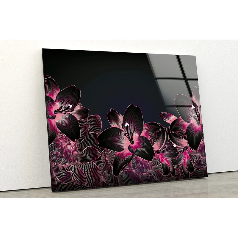 Black & Pink Flowers Line Design Acrylic Glass Print Tempered Glass Wall Art 100% Made in Australia Ready to Hang