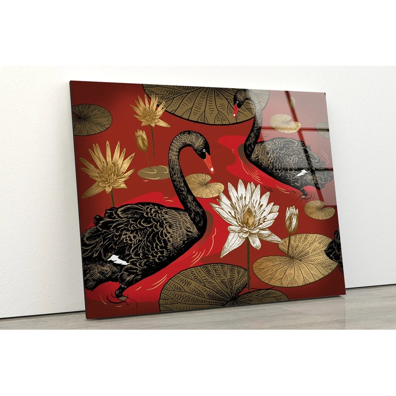 Black Swans on Lake with Flowers Vector Design Acrylic Glass Print Tempered Glass Wall Art 100% Made in Australia Ready to Hang