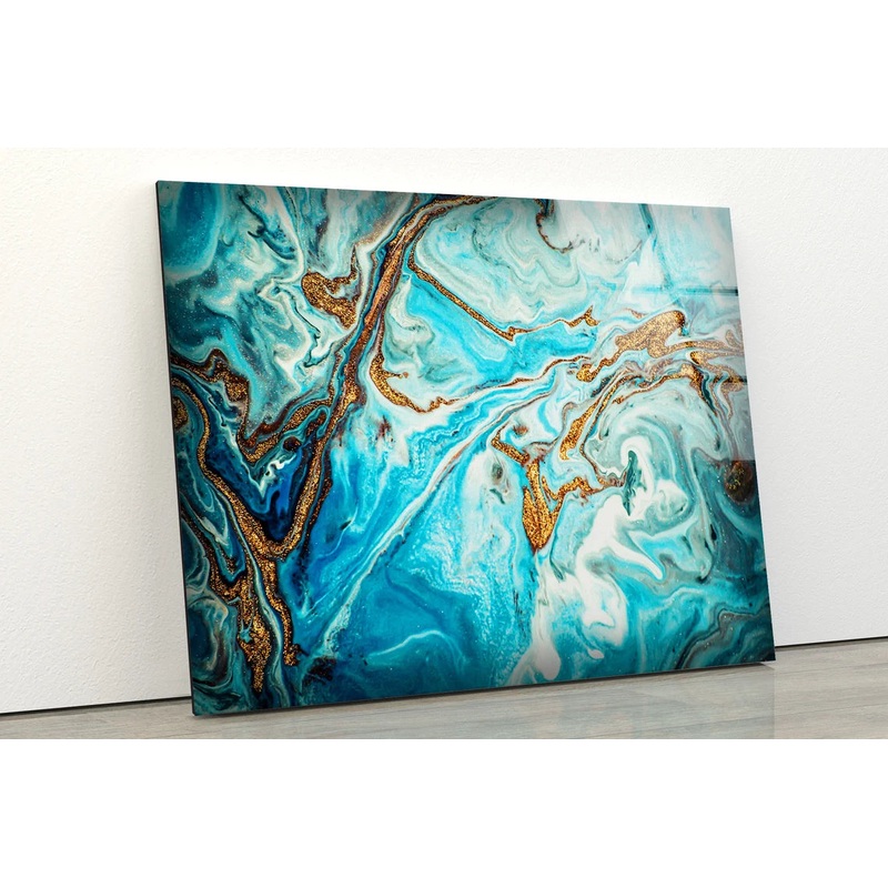 Blue Gold & Black Abstract Marble Design Acrylic Glass Print Tempered Glass Wall Art 100% Made in Australia Ready to Hang