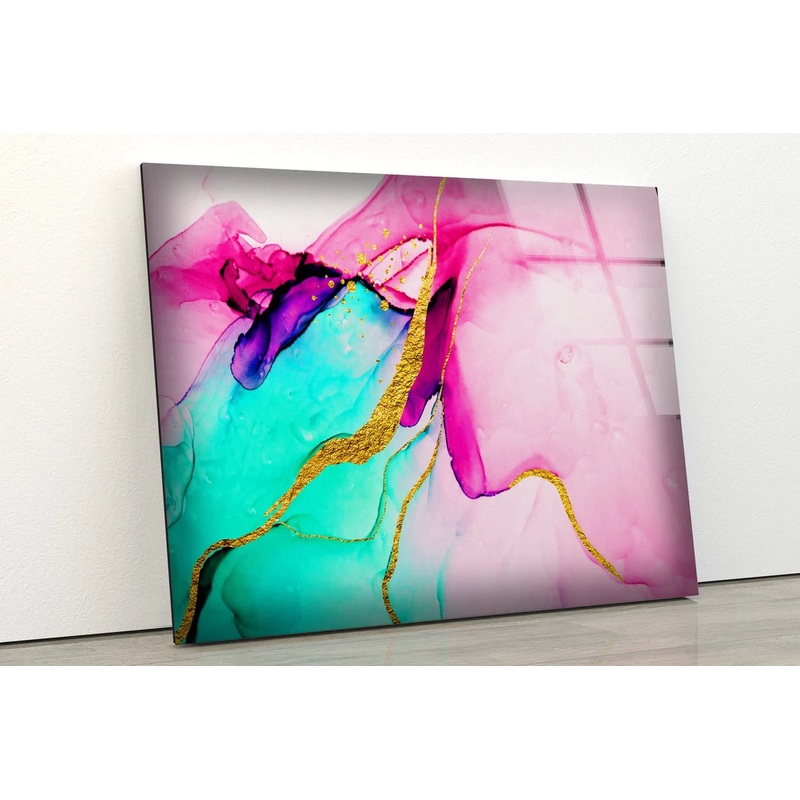 Blue Pink & Gold Abstract Design Acrylic Glass Print Tempered Glass Wall Art 100% Made in Australia Ready to Hang