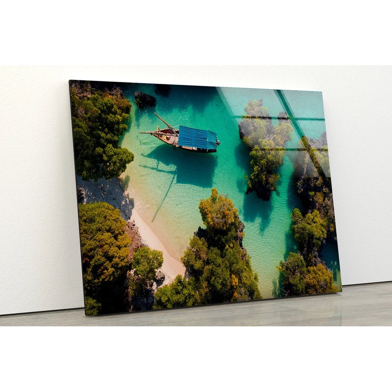 Boat on Sea with Forest Aerial View Photograph Acrylic Glass Print Tempered Glass Wall Art 100% Made in Australia Ready to Hang