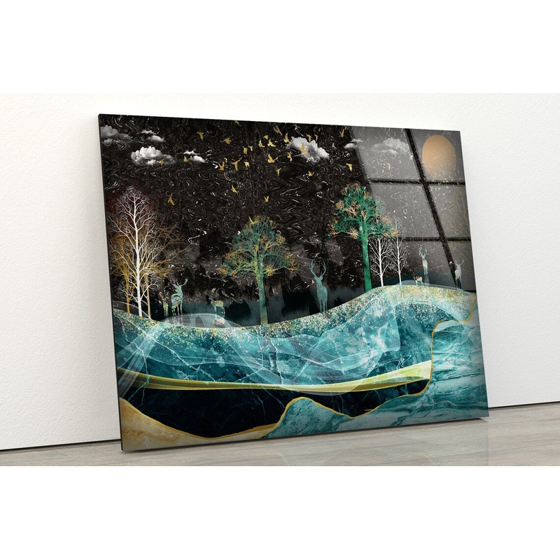 Deer Trees & Sea Line Art Design Acrylic Glass Print Tempered Glass Wall Art 100% Made in Australia Ready to Hang