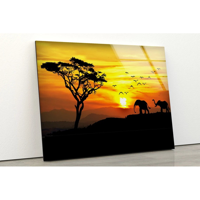 Elephants & Tree Sunset Photograph Acrylic Glass Print Tempered Glass Wall Art 100% Made in Australia Ready to Hang