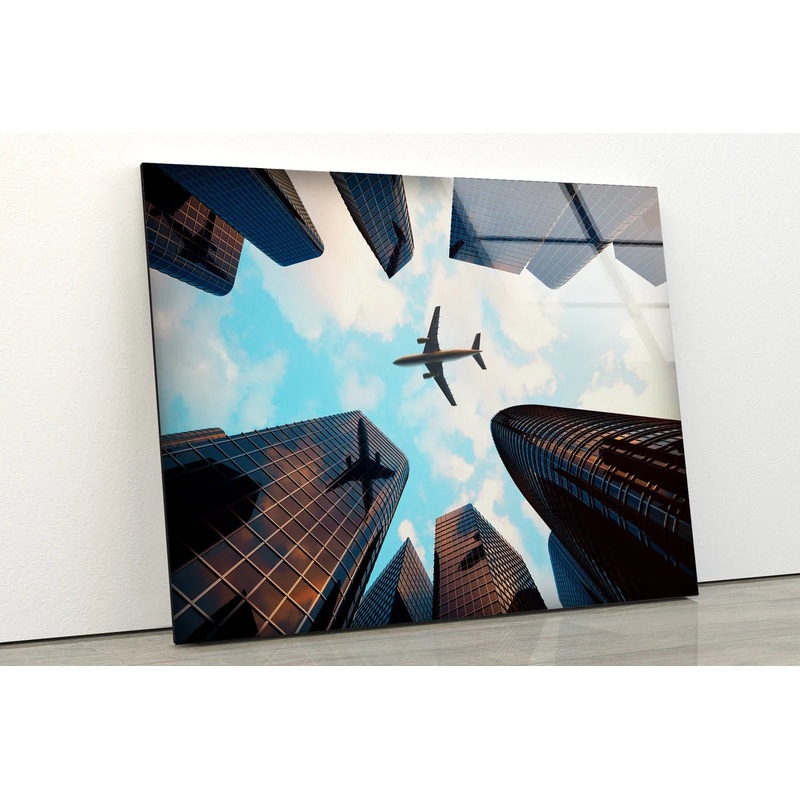 Plane Over Buildings Beneath View Photograph Acrylic Glass Print Tempered Glass Wall Art 100% Made in Australia Ready to Hang