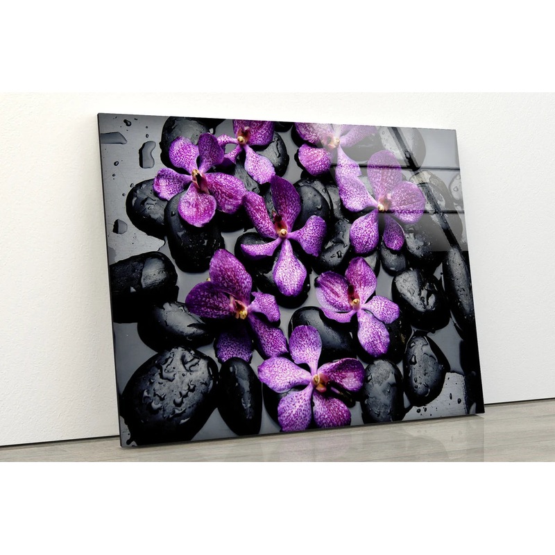 Purple Flowers on Wet Black Stones Photograph Acrylic Glass Print Tempered Glass Wall Art 100% Made in Australia Ready to Hang
