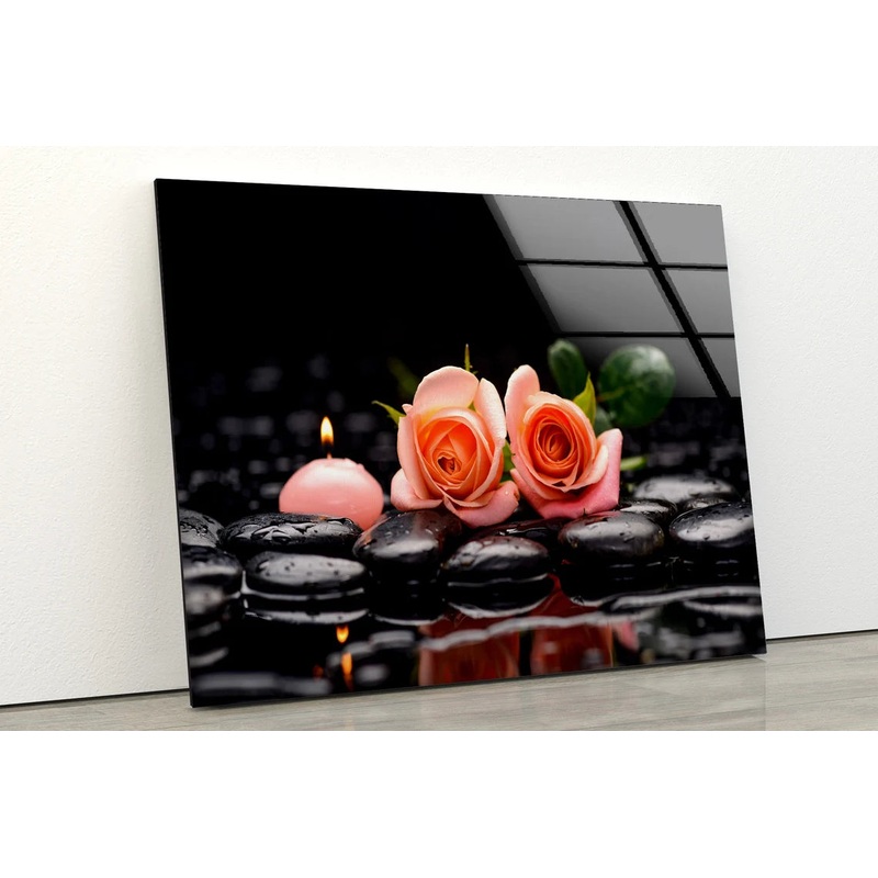 Rose Flower & Candle on Wet Zen Stones Photograph Acrylic Glass Print Tempered Glass Wall Art 100% Made in Australia Ready to Hang