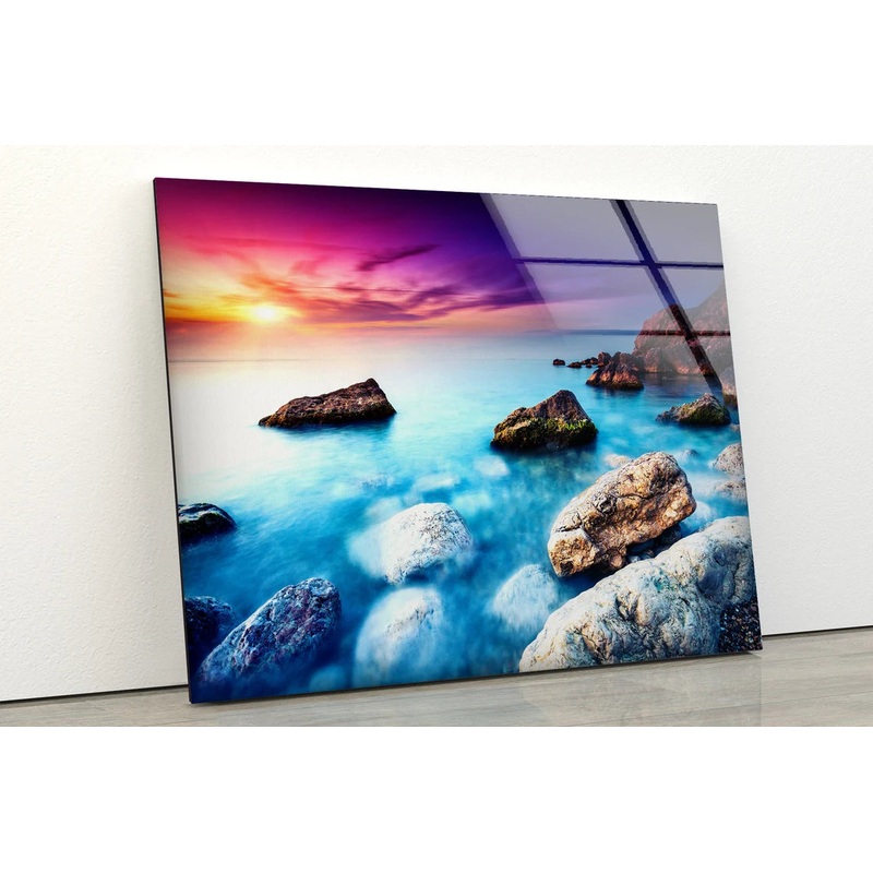 Sea with Rocks Sunset Scenery Photograph Acrylic Glass Print Tempered Glass Wall Art 100% Made in Australia Ready to Hang