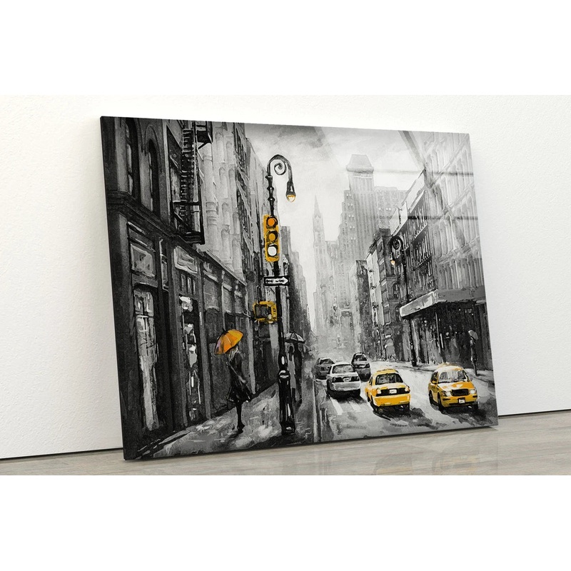 B&W City & Yellow Taxi Painting Acrylic Glass Print Tempered Glass Wall Art 100% Made in Australia Ready to Hang